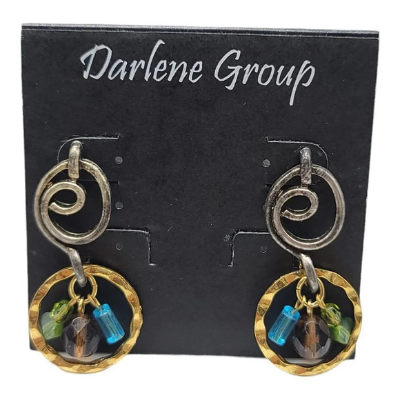Darlene Group Two Tone Gold Silver Multi Colored Glass Bead Spiral Dangle Earrin - Picture 1 of 4